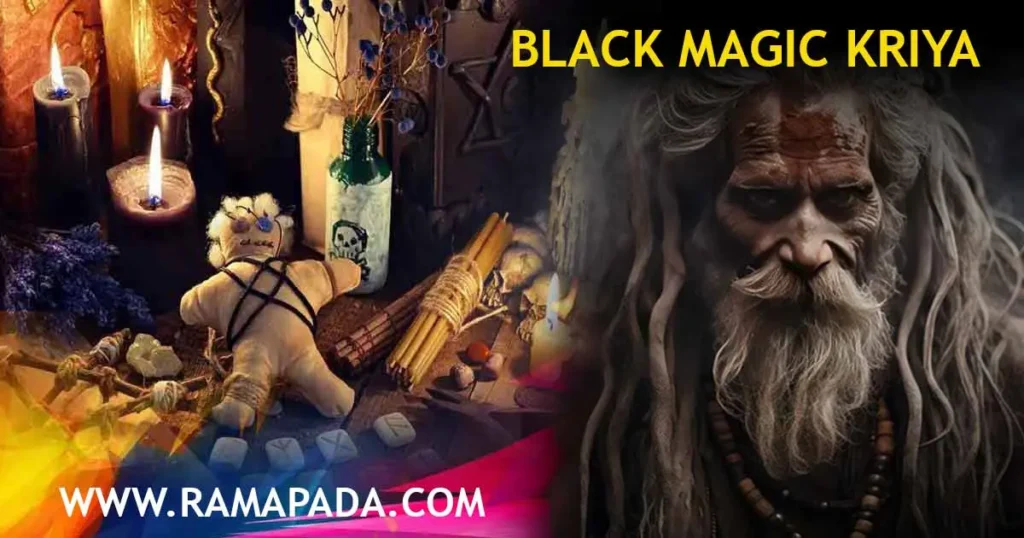 Black magic kriya ritual setup with candles, doll, and spiritual practitioner for removing negative energy and protection