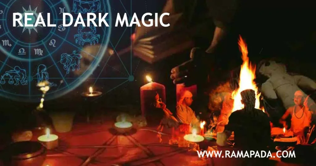 A real dark magic ritual with fire, candles, and spiritual practitioners symbolizing energy practices and protection awareness