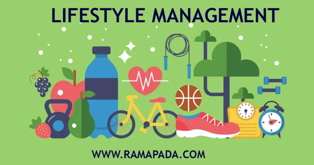 Lifestyle management with healthy habits including exercise, nutrition, hydration, and daily routine balance