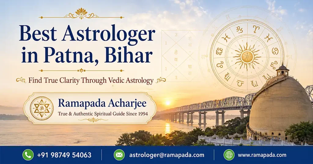 Best astrologer in Patna, Bihar featured image with Golghar, Ganga bridge and Vedic astrology wheel