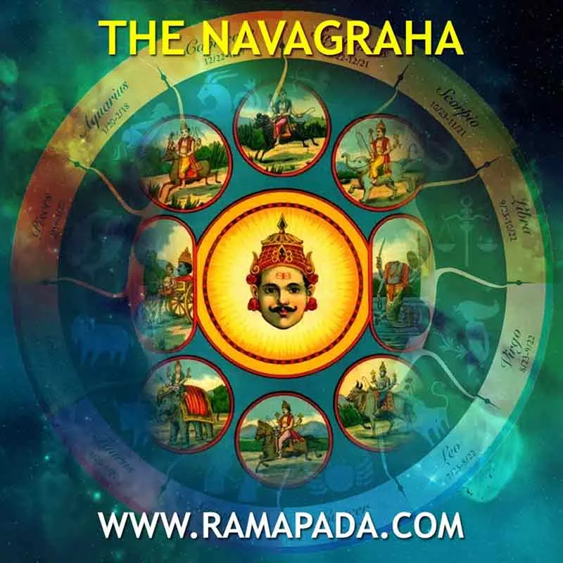 The Navagraha representing nine planetary deities in Vedic astrology and spiritual cosmic energy