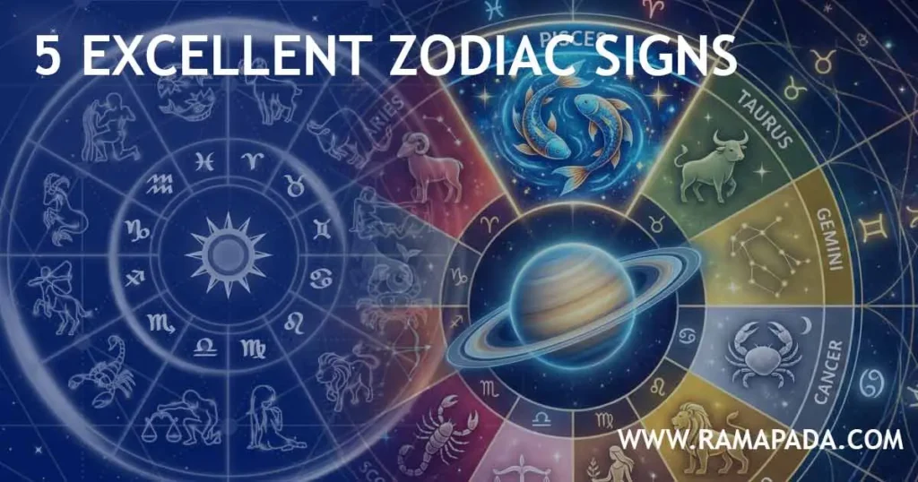 5 excellent zodiac signs in astrology with zodiac wheel and planetary alignment illustration