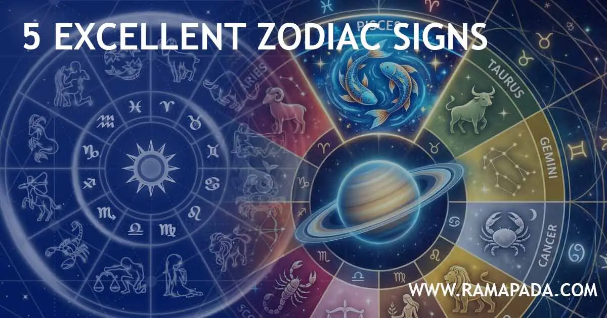 5 excellent zodiac signs in astrology with zodiac wheel and planetary alignment illustration