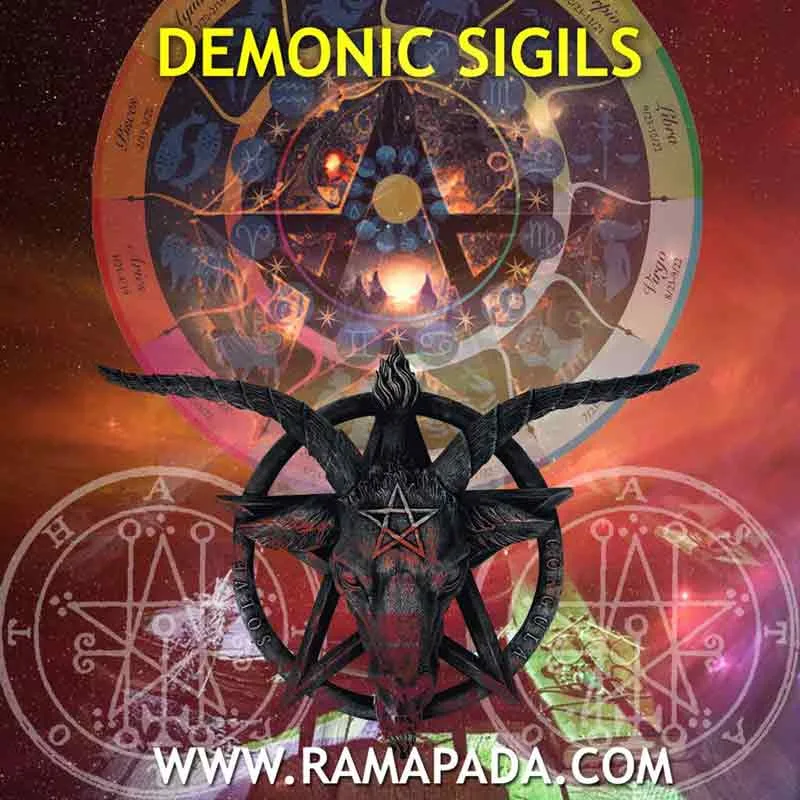 Occult symbols and demonic sigils with mystical circular designs and dark spiritual imagery