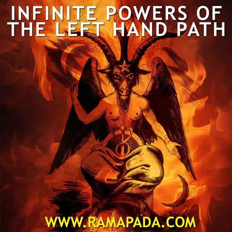 Infinite powers of the left-hand path illustration with occult symbol, horned mystical figure and fire background
