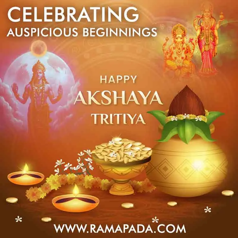 Happy Akshaya Tritiya celebration with Kalash diyas and auspicious spiritual symbols