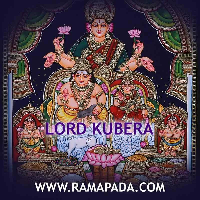Lord Kubera Hindu deity of wealth and prosperity with Goddess Lakshmi and sacred symbols