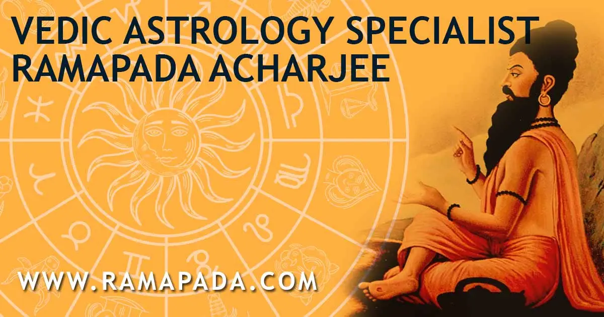 Vedic astrology specialist Ramapada Acharjee with zodiac chart and traditional sage representation for accurate predictions