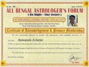 All Bengal Astrologer’s Forum (ABAF) Membership Certificate of Ramapada Acharjee – Recognised Astrologer in West Bengal