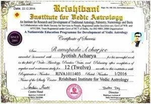 Jyotish Acharya Certificate of Astrologer Ramapada Acharjee – Expert in Vedic Astrology and Palmistry