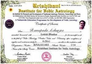 Jyotish Bhaskar Certificate of Astrologer Ramapada Acharjee – Certified Expert in Vedic Astrology