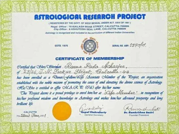 Life Membership Certificate of Astrological Research Project (ARP) awarded to Ramapada Acharjee in 2001