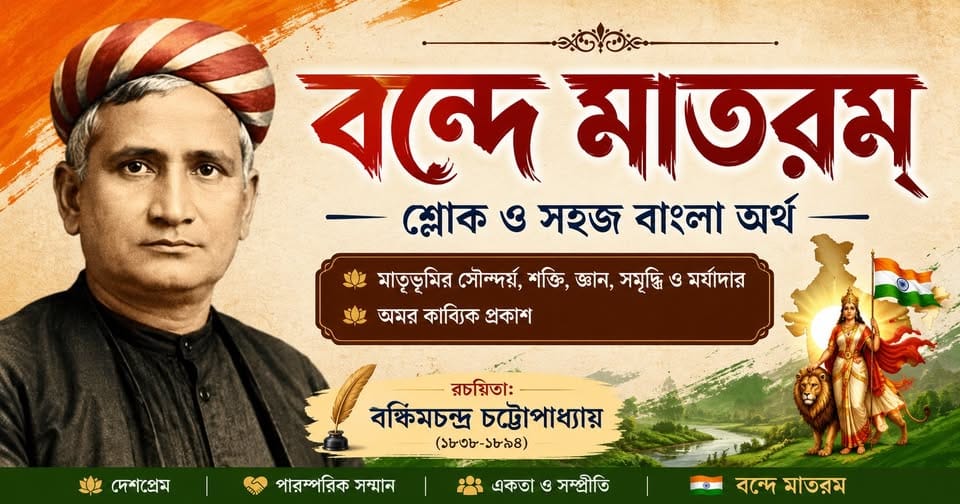 Vande Mataram sloka and Bengali meaning banner with Bankim Chandra Chattopadhyay's portrait and Bharat Mata