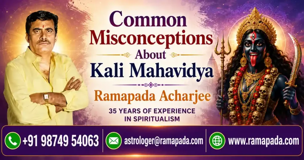 Common Misconceptions About Kali Mahavidya: A banner featuring Goddess Kali Mahavidya, Astrologer Ramapada Acharjee with 35 years of experience, and contact details