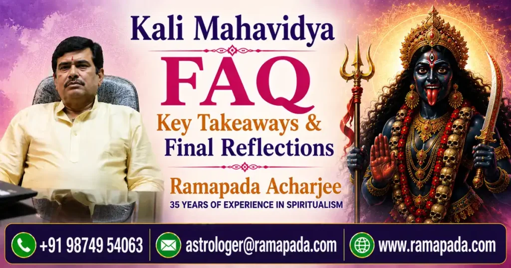 Kali Mahavidya FAQ Key Takeaways and Final Reflections banner featuring Goddess Kali Mahavidya, Astrologer Ramapada Acharjee with 35 years of experience, and contact details