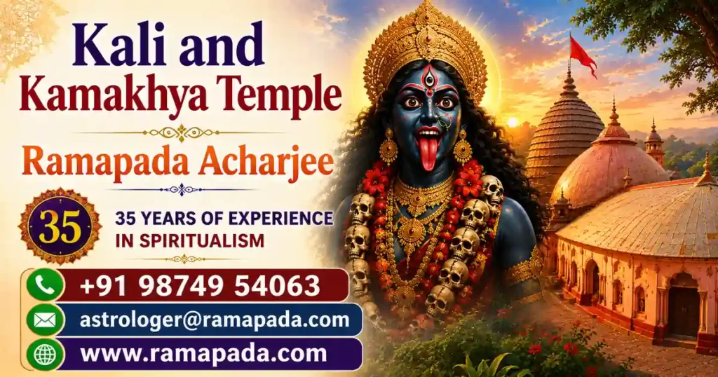 Kali and Kamakhya Temple banner featuring Goddess Kali Mahavidya, Kamakhya Temple Guwahati, and Ramapada Acharjee contact details