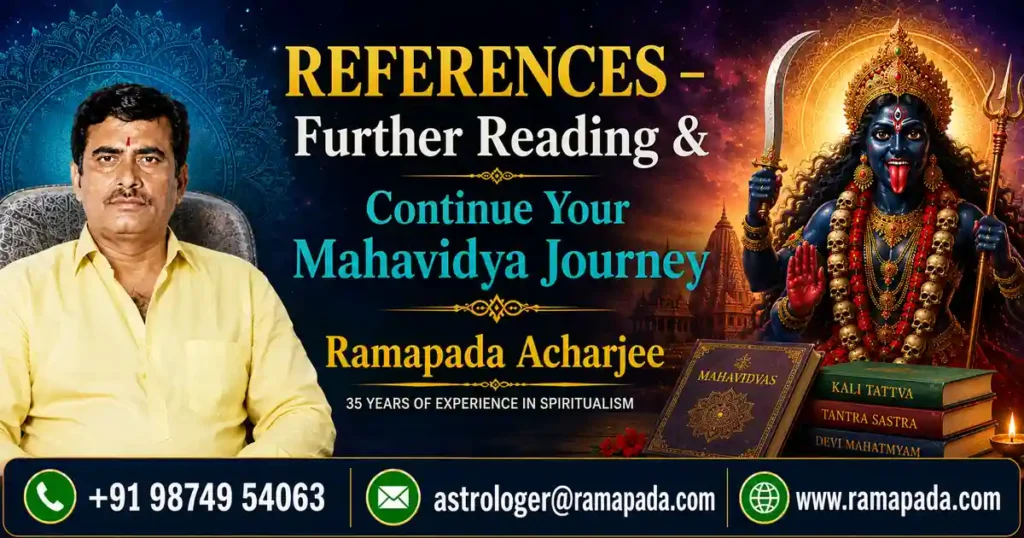 References Further Reading and Continue Your Mahavidya Journey banner featuring Goddess Kali Mahavidya, Astrologer Ramapada Acharjee with 35 years of experience, sacred scriptures, and contact details