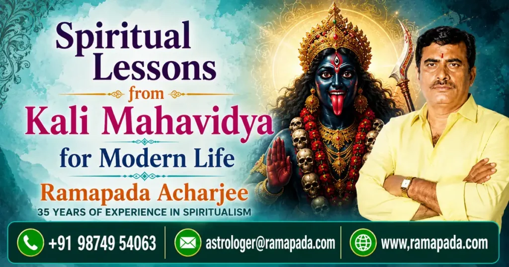 Spiritual Lessons from Kali Mahavidya for Modern Life banner featuring Goddess Kali, Astrologer Ramapada Acharjee with 35 years of experience, and contact details