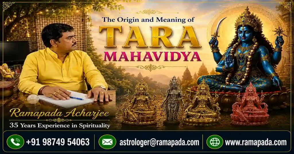The Origin and Meaning of the Tara Mahavidya Banner featuring Goddess Tara, Astrologer Ramapada Acharjee with 35 years of experience, and contact details