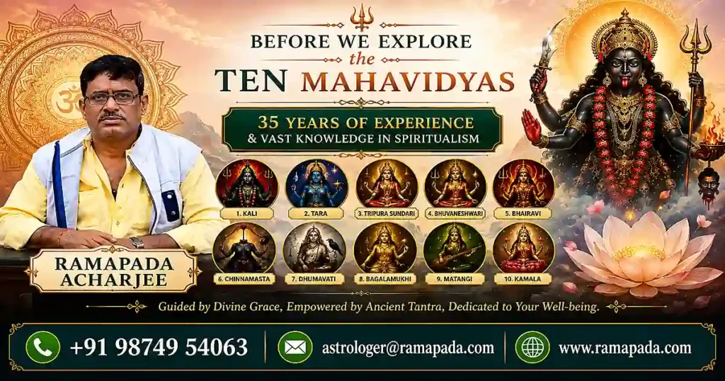 Before We Explore the Ten Mahavidyas, a featured image by Ramapada Acharjee explains the Ten Mahavidyas with over 35 years of experience in astrology, tantra, and spiritualism.