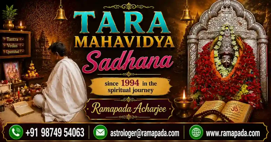 Tara Mahavidya Sadhana banner featuring Goddess Tara, Astrologer Ramapada Acharjee since 1994 in spiritual journey, and contact details