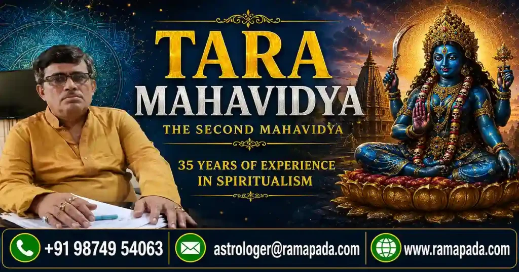 Tara Mahavidya – The Second Mahavidya banner featuring Goddess Tara, Astrologer Ramapada Acharjee with 35 years of experience, and contact details