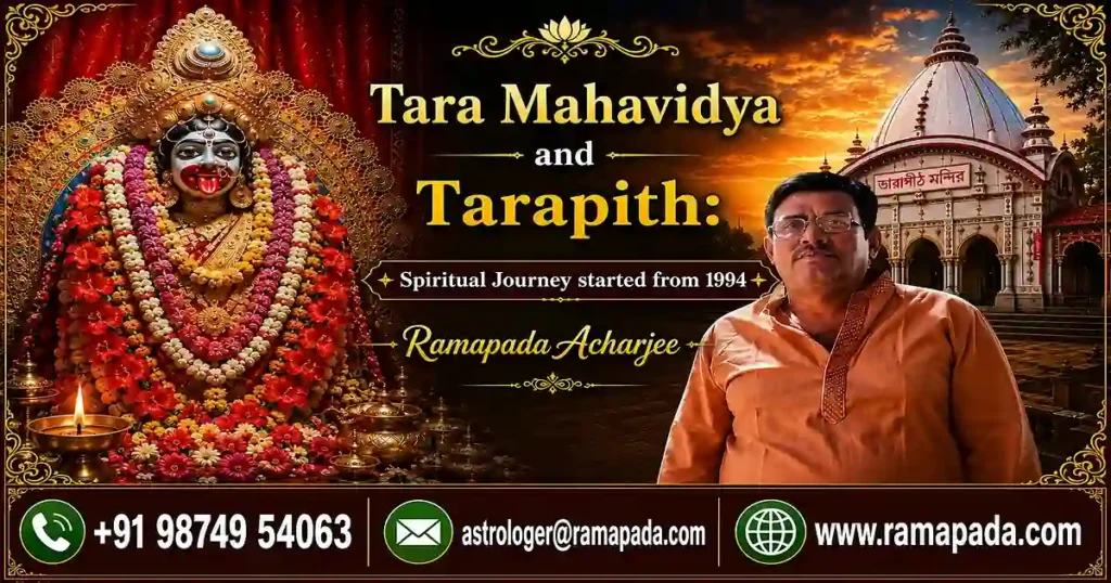 Tara Mahavidya and Tarapith banner featuring Goddess Tara, Astrologer Ramapada Acharjee since 1994, and contact details
