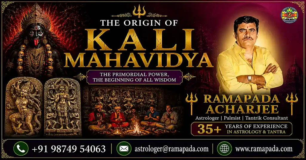 The Origin of Kali Mahavidya featured image by Ramapada Acharjee explains the origin, symbolism, and spiritual significance of Goddess Kali with over 35 years of experience in astrology, tantra, and spiritualism.