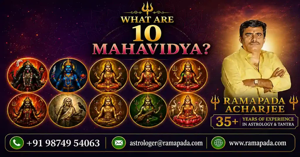 What Are the Ten Mahavidyas? A featured image by Ramapada Acharjee explaining the Ten Mahavidyas and their spiritual significance with over 35 years of experience in astrology, tantra, and spiritualism.