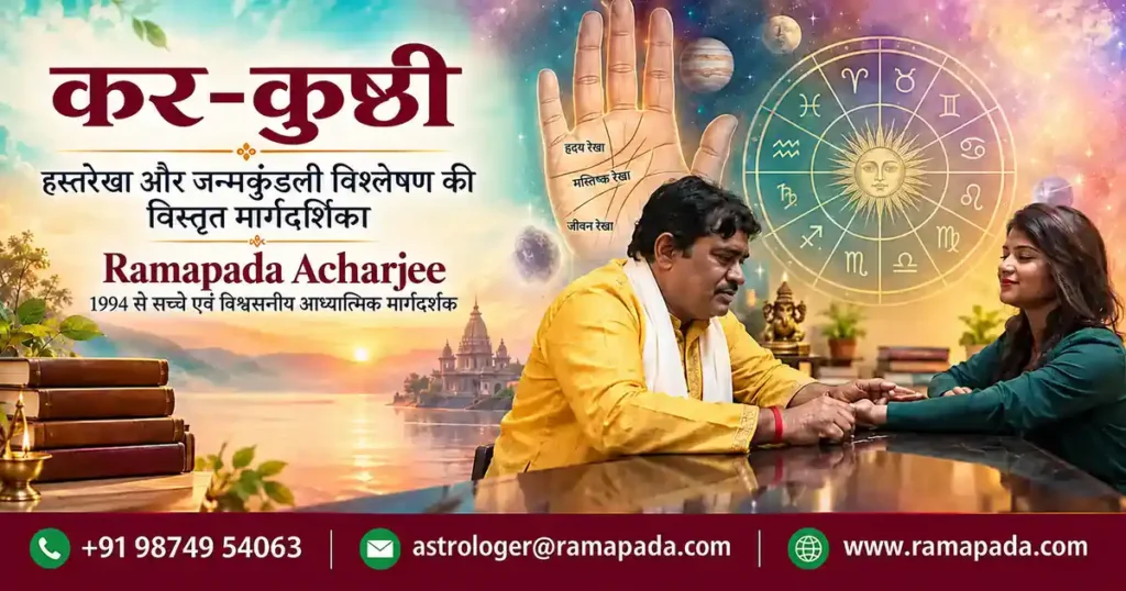 कर-कुष्ठी हस्तरेखा और जन्मकुंडली विश्लेषण करते ज्योतिषी रमापद आचार्य जी