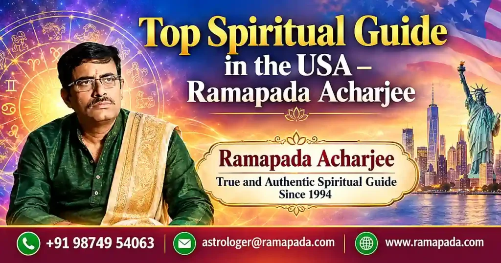Top Spiritual Guide in the USA banner featuring Ramapada Acharjee with contact details