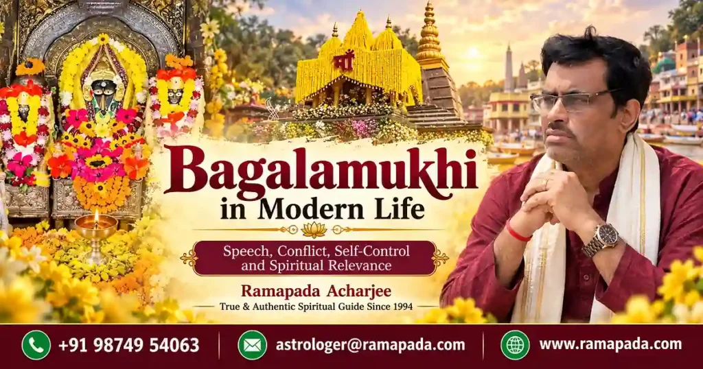 Bagalamukhi in modern life banner featuring Ramapada Acharjee with spiritual guidance on speech and self-control