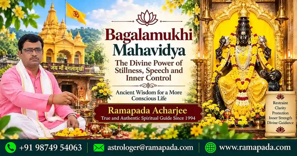 Bagalamukhi Mahavidya featured image featuring Ramapada Acharjee with spiritual symbols and guidance details