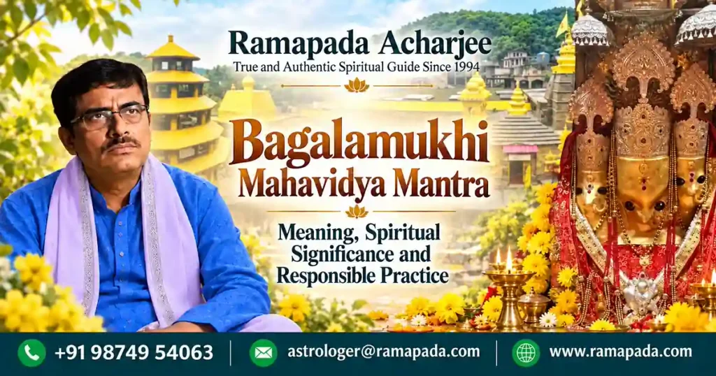 Ramapada Acharjee Spiritual Guide Bagalamukhi Mahavidya Mantra banner with contact details