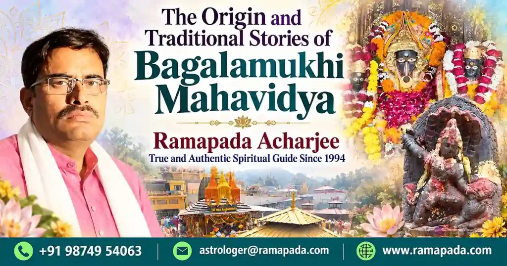 Banner for The Origin and Traditional Stories of Bagalamukhi Mahavidya featuring Astrologer Ramapada Acharjee.