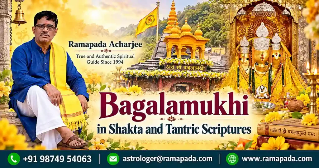 Featured banner for Bagalamukhi in Shakta and Tantric Scriptures featuring Astrologer Ramapada Acharjee with contact details.