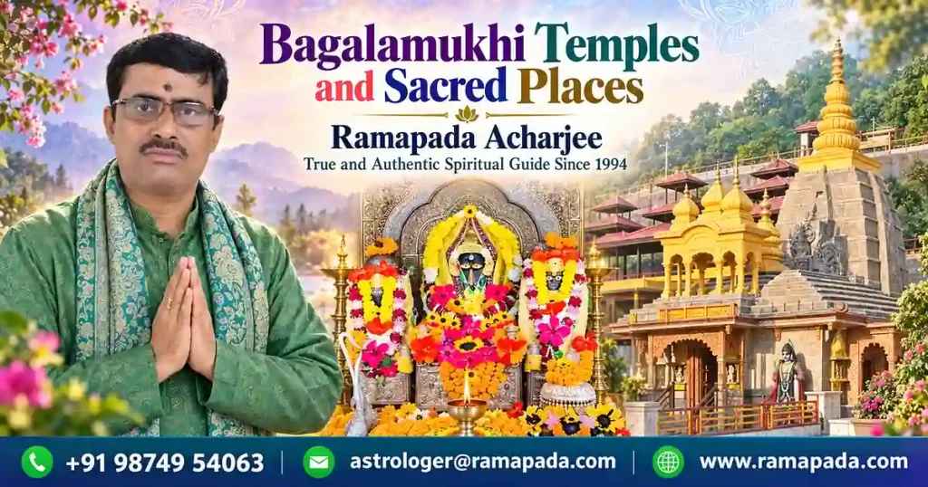 Bagalamukhi Temples and Sacred Places banner with Ramapada Acharjee and contact details