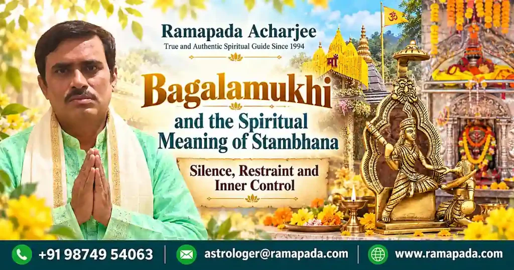 Featured banner for Bagalamukhi and the Spiritual Meaning of Stambhana featuring Astrologer Ramapada Acharjee with contact details.