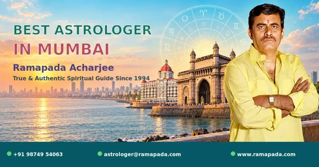 Best astrologer in Mumbai, Ramapada Acharjee with the Gateway of India, Taj Mahal Palace and Vedic astrology chart
