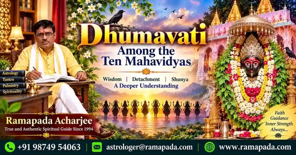 Dhumavati Among the Ten Mahavidyas featured image featuring Ramapada Acharjee with spiritual symbols and guidance details