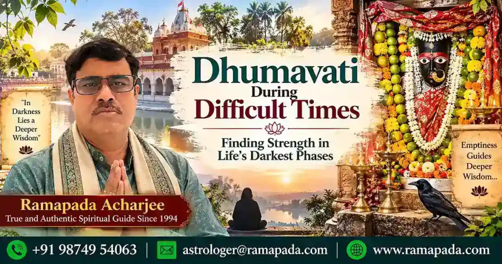 Dhumavati During Difficult Times featured image featuring Ramapada Acharjee with spiritual symbols and guidance details