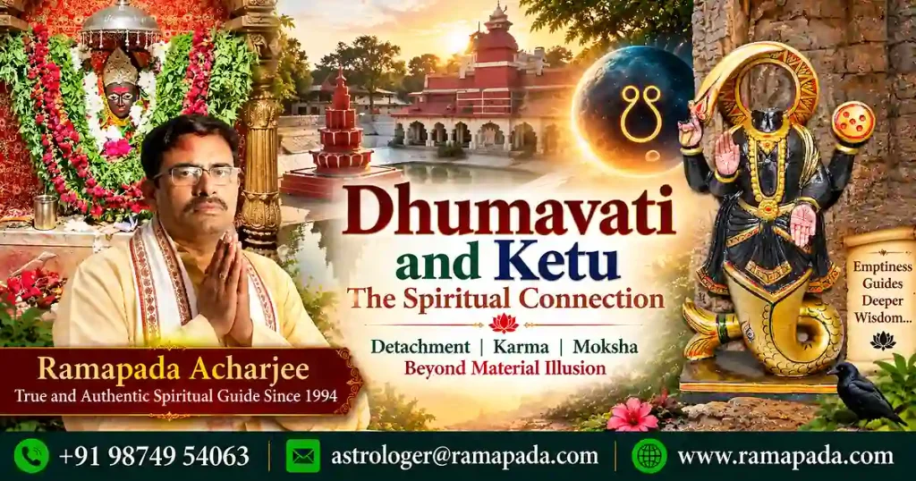 Dhumavati and Ketu featured image featuring Ramapada Acharjee with spiritual symbols and guidance details