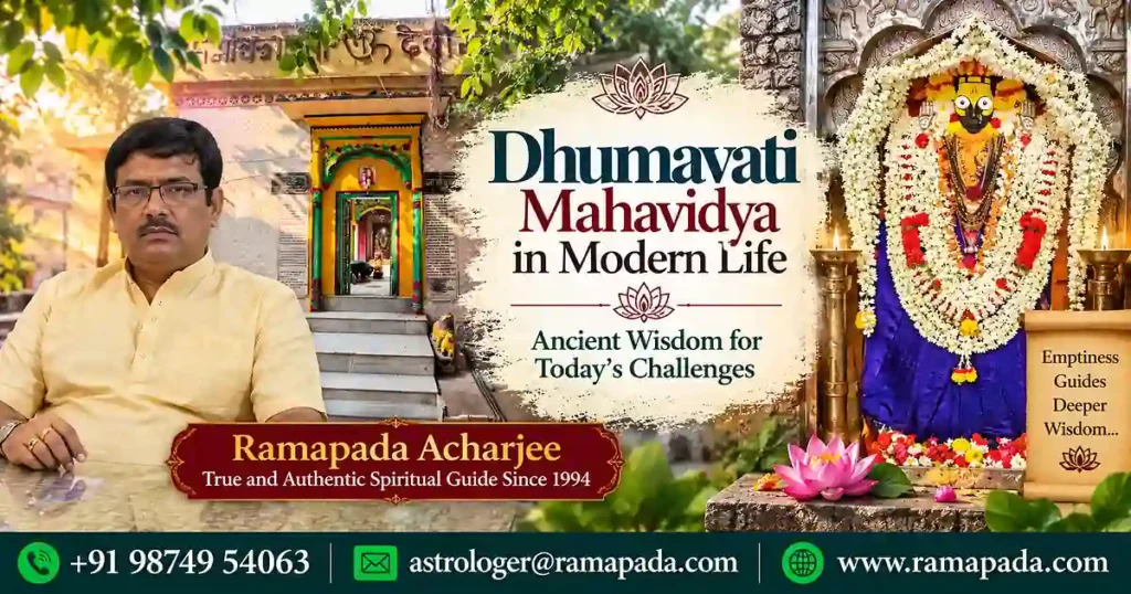 Dhumavati Mahavidya in Modern Life featured image featuring Ramapada Acharjee with spiritual symbols and guidance details