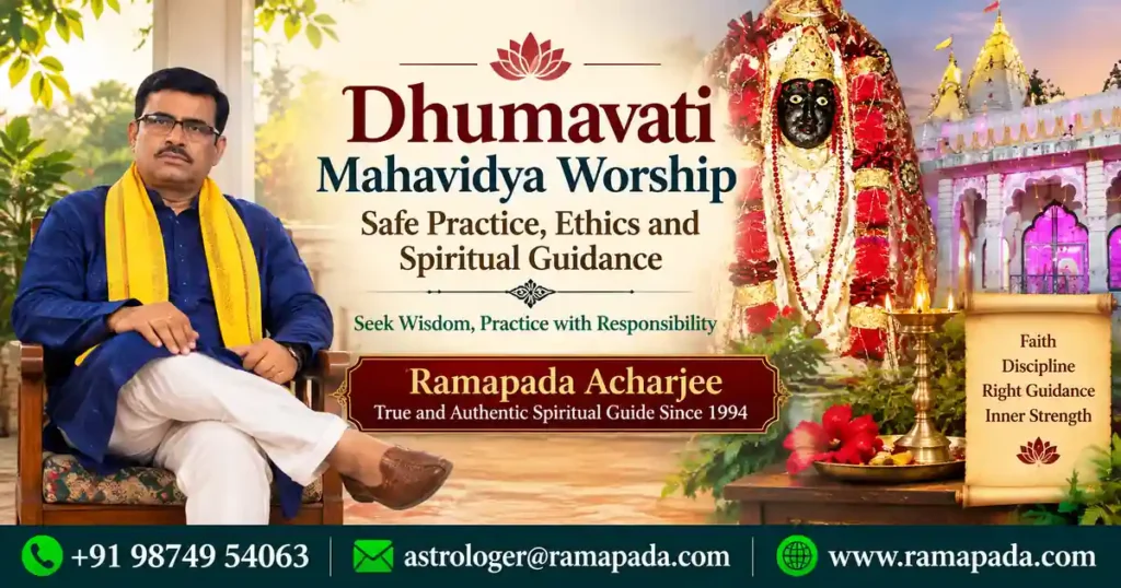 Dhumavati Mahavidya Worship featured image featuring Ramapada Acharjee with spiritual symbols and guidance details