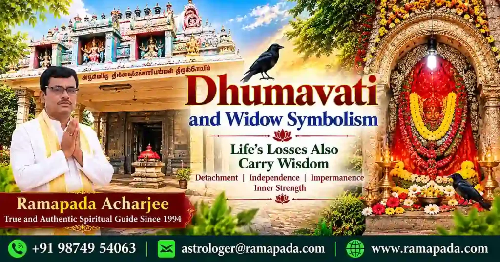 Dhumavati and Widow Symbolism featured image featuring Ramapada Acharjee with spiritual symbols and guidance details