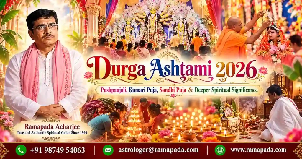 Durga Ashtami 2026 spiritual meaning, Pushpanjali, Kumari Puja, and Sandhi Puja rituals by Ramapada Acharjee