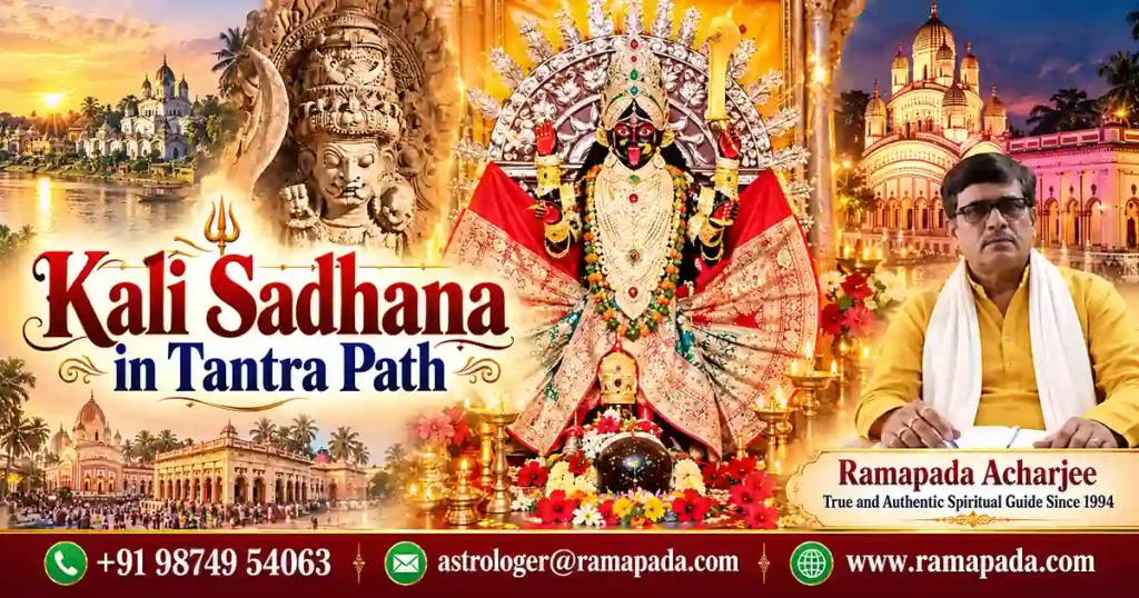 Kali Sadhana in the Tantra Path banner featuring Astrologer Ramapada Acharjee with Goddess Kali artwork