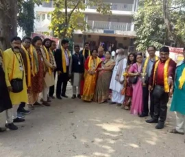 Ramapada Acharjee with fellow astrologers and spiritual delegates during a Vedic conference